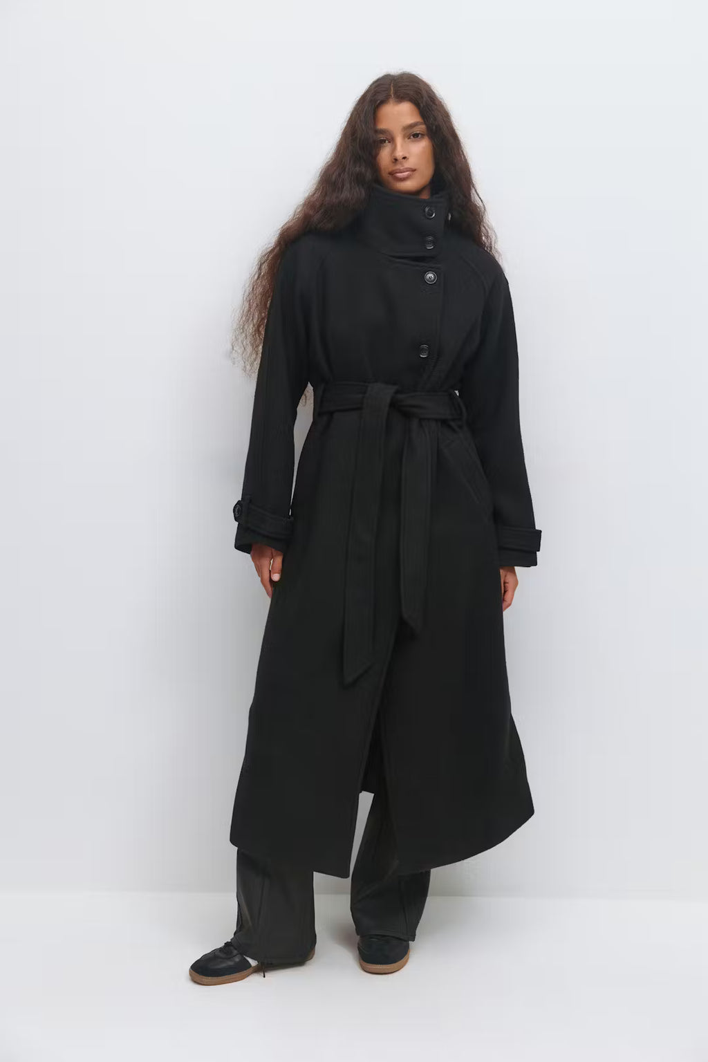 Gina Tricot Belted Wool Blend Coat - Black - Kubanna