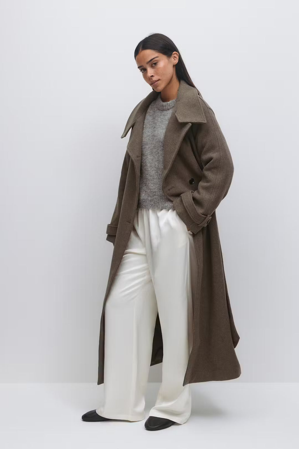 Gina Tricot Belted Wool Blend Coat - Taupe Grey - Kubanna