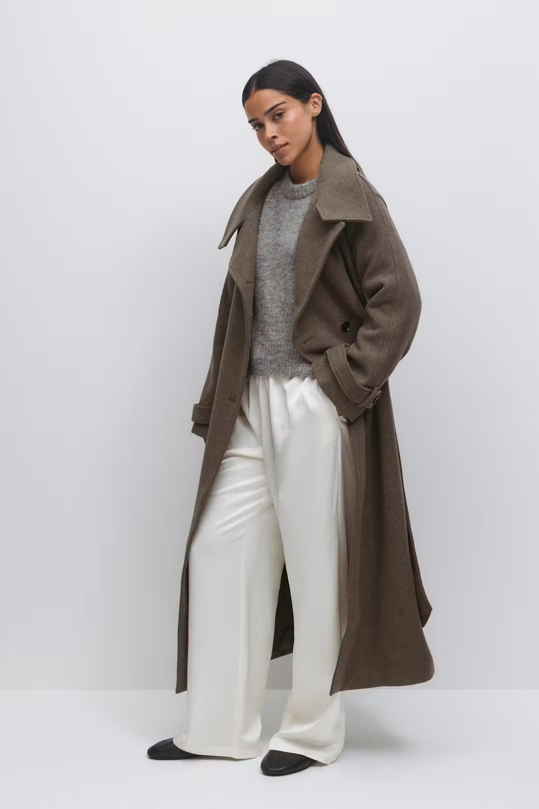 Gina Tricot Belted Wool Blend Coat - Taupe Grey - Kubanna