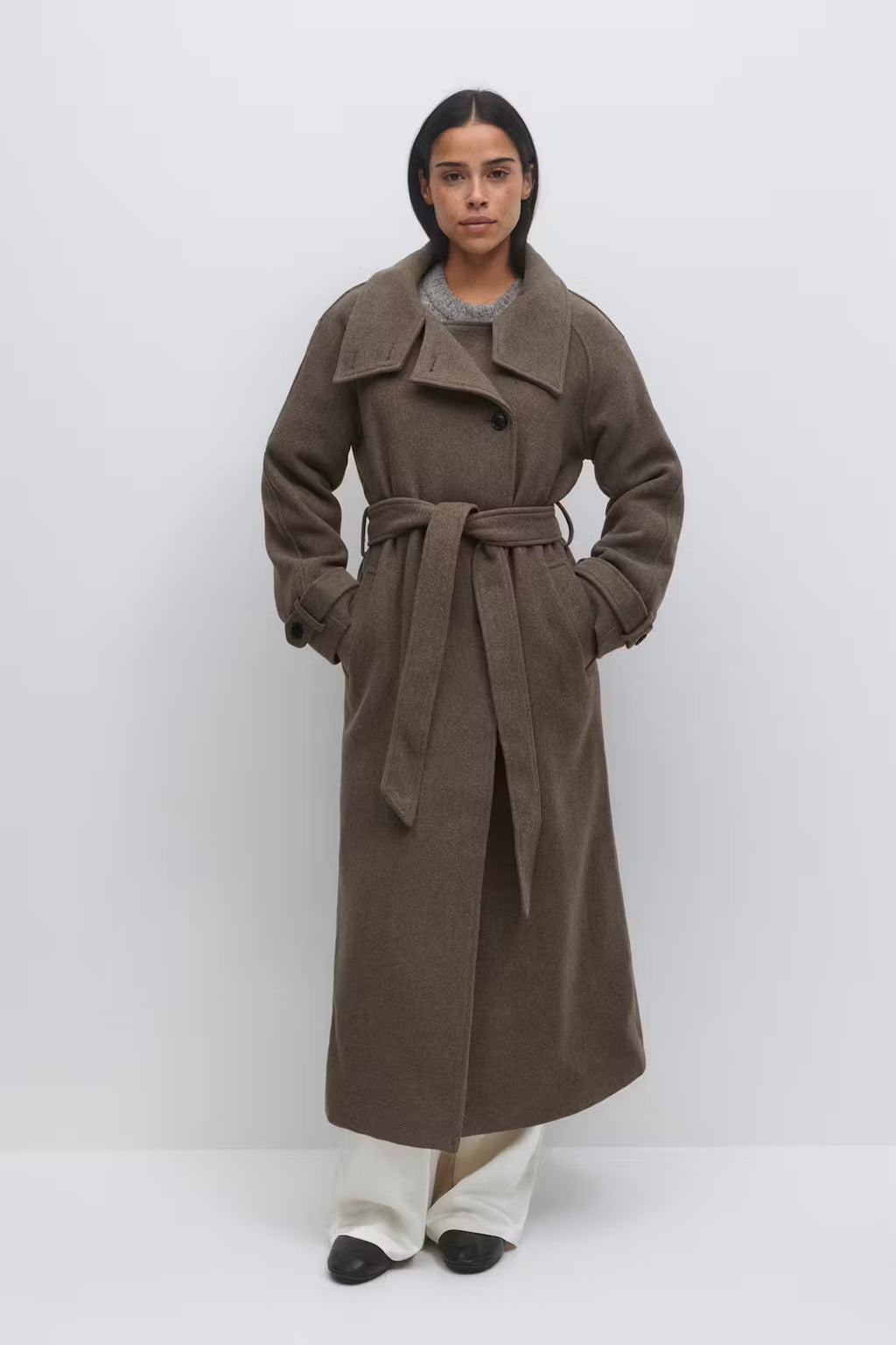 Gina Tricot Belted Wool Blend Coat - Taupe Grey - Kubanna