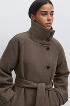Gina Tricot Belted Wool Blend Coat - Taupe Grey - Kubanna