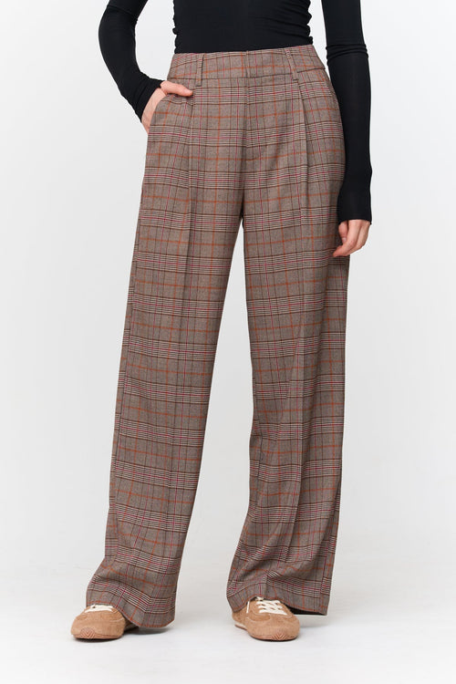 24 Colours Checkered Wide Suit Trousers - Brown - Kubanna