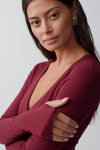 Gina Tricot Soft Touch V-Neck Top - Burgundy