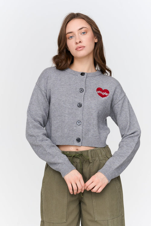 24Colours Cardigan with Heart Embroidery - Grey - Kubanna
