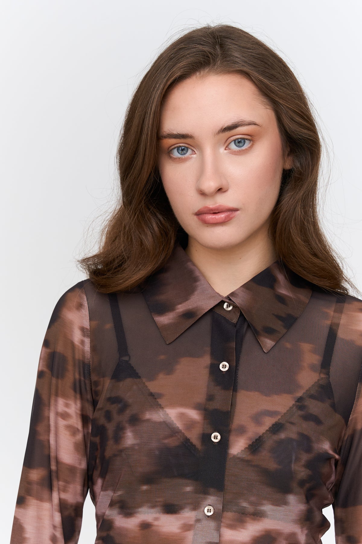 24Colours Patterned Mesh Shirt - Brown - Kubanna