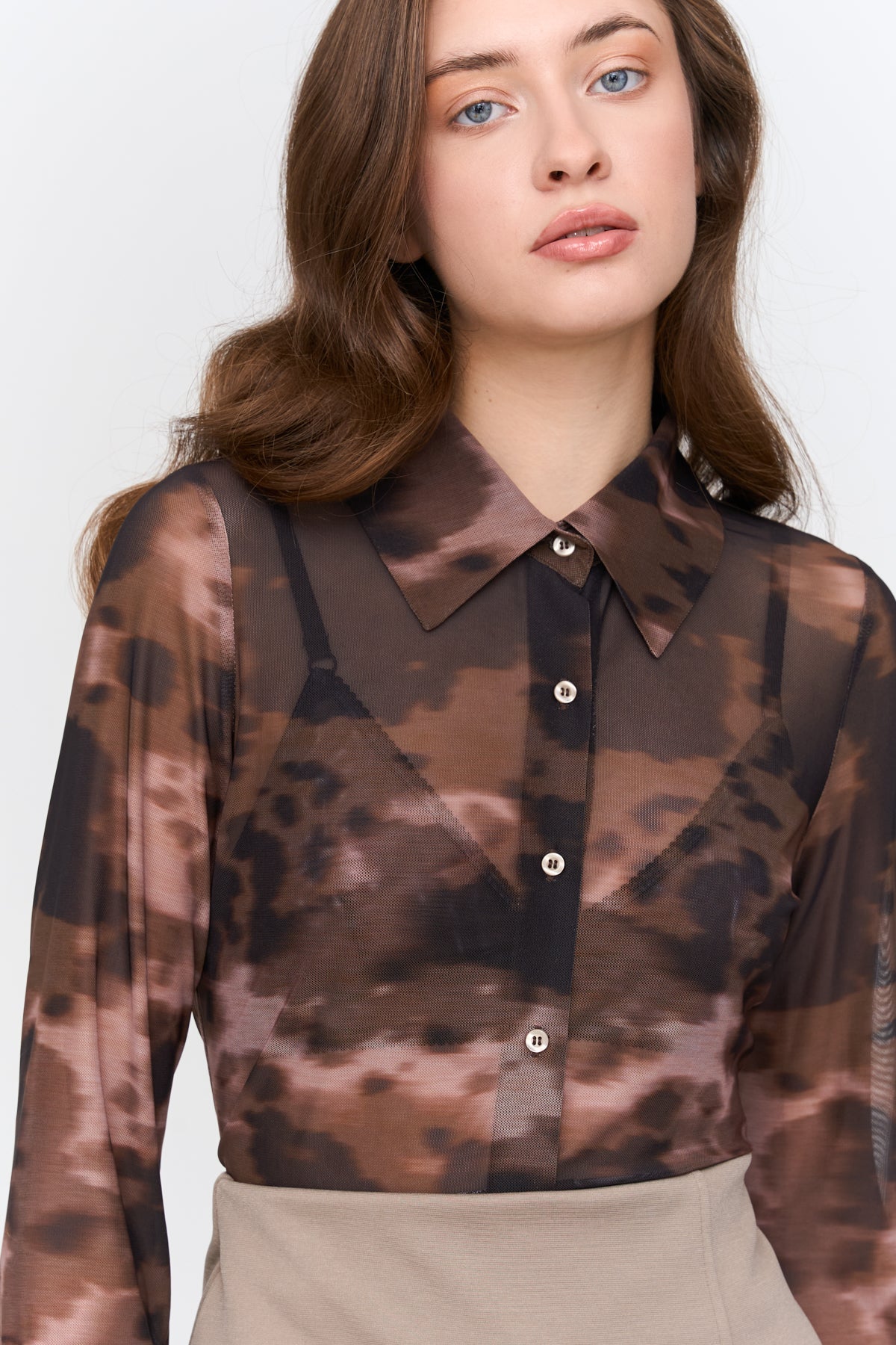 24Colours Patterned Mesh Shirt - Brown - Kubanna