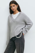 Gina Tricot V-neck Knitted Sweater - Grey - Kubanna