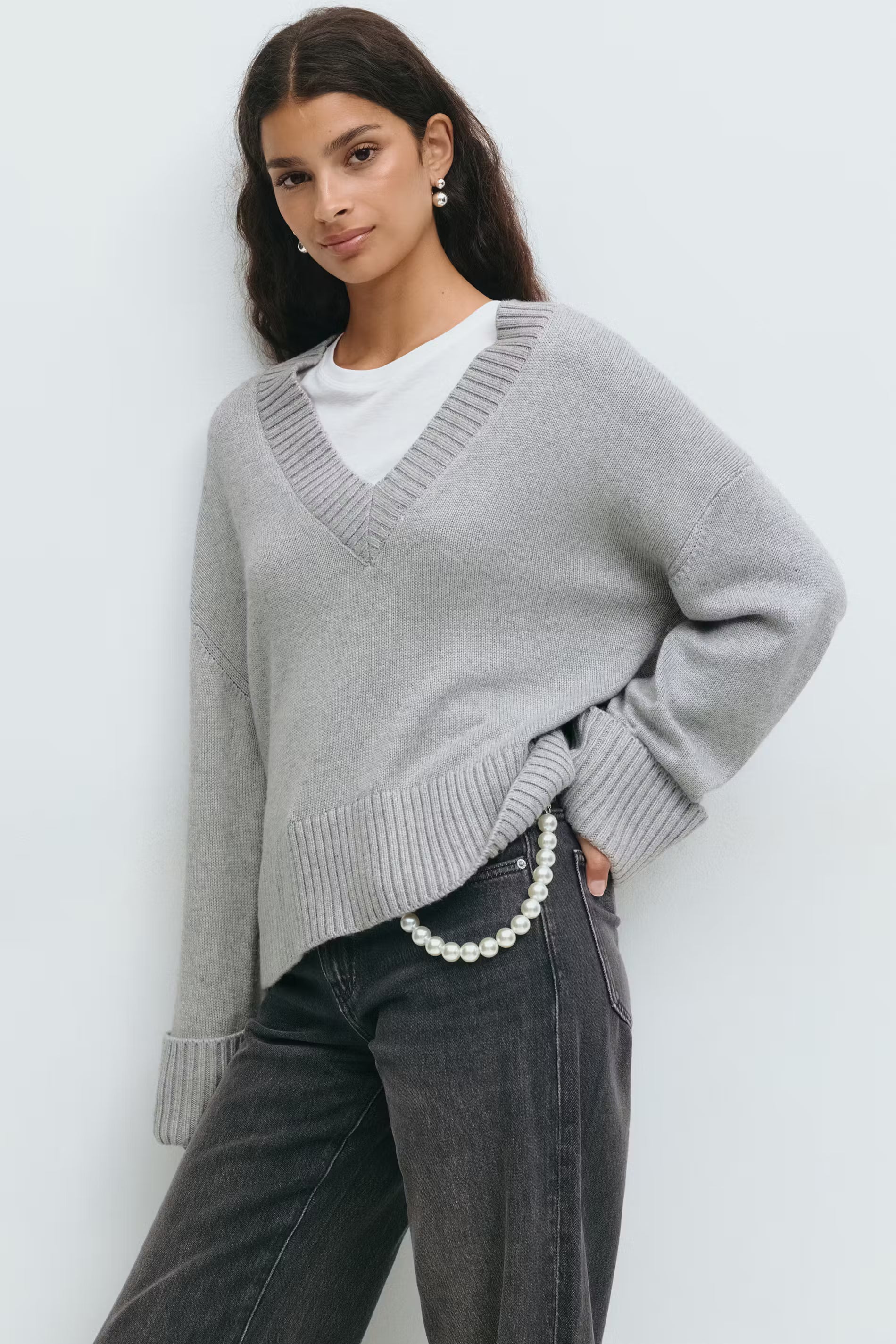 Gina Tricot V-neck Knitted Sweater - Grey