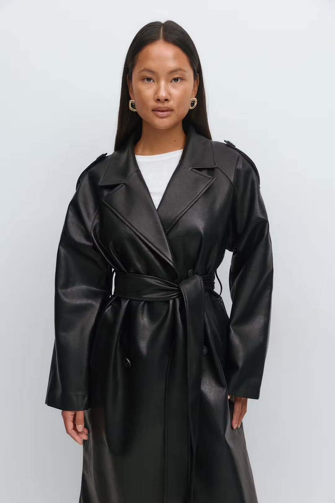 Gina Tricot Belted PU Trench Coat - Black