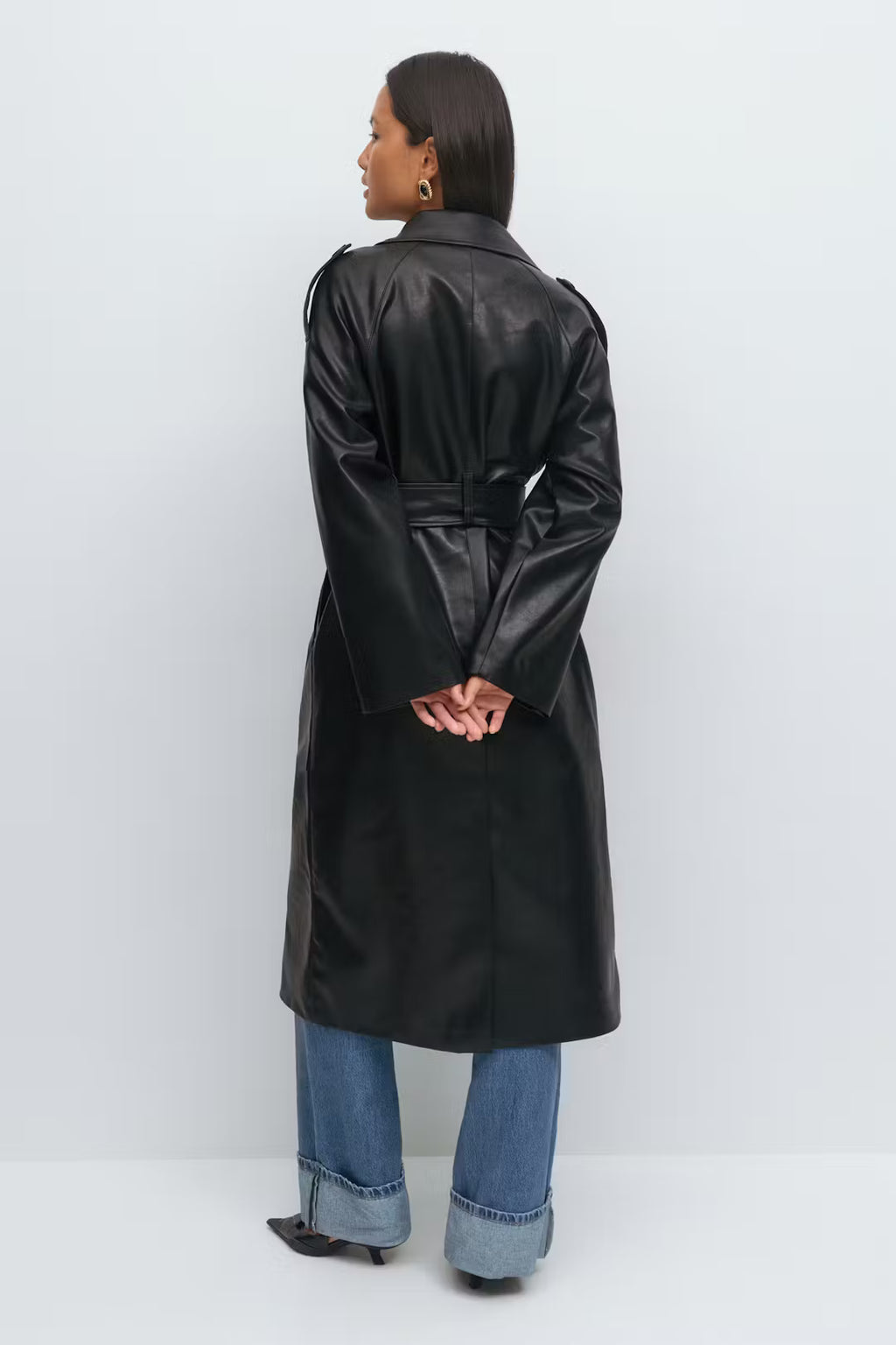 Gina Tricot Belted PU Trench Coat - Black