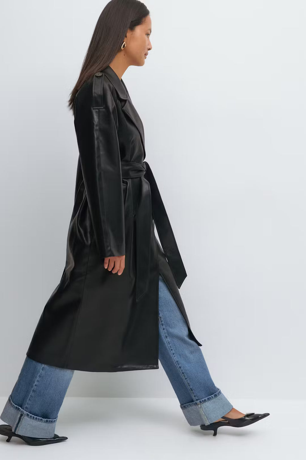 Gina Tricot Belted PU Trench Coat - Black