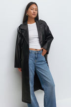 Gina Tricot Belted PU Trench Coat - Black