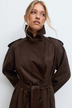 Gina Tricot Faux Suede Trench Coat - Brown - Kubanna