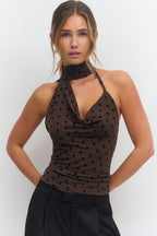 Gina Tricot Dot Halterneck Top - Brown - Kubanna