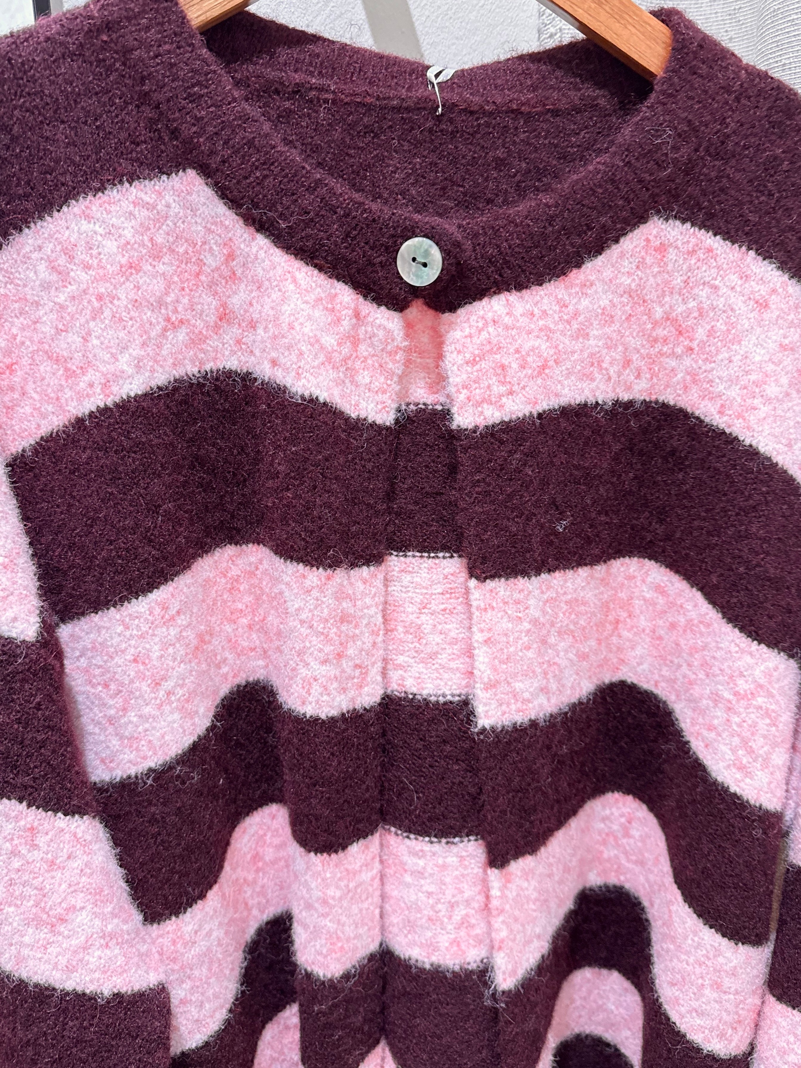 Single Button Striped Cardigan – Bordeaux/Pink
