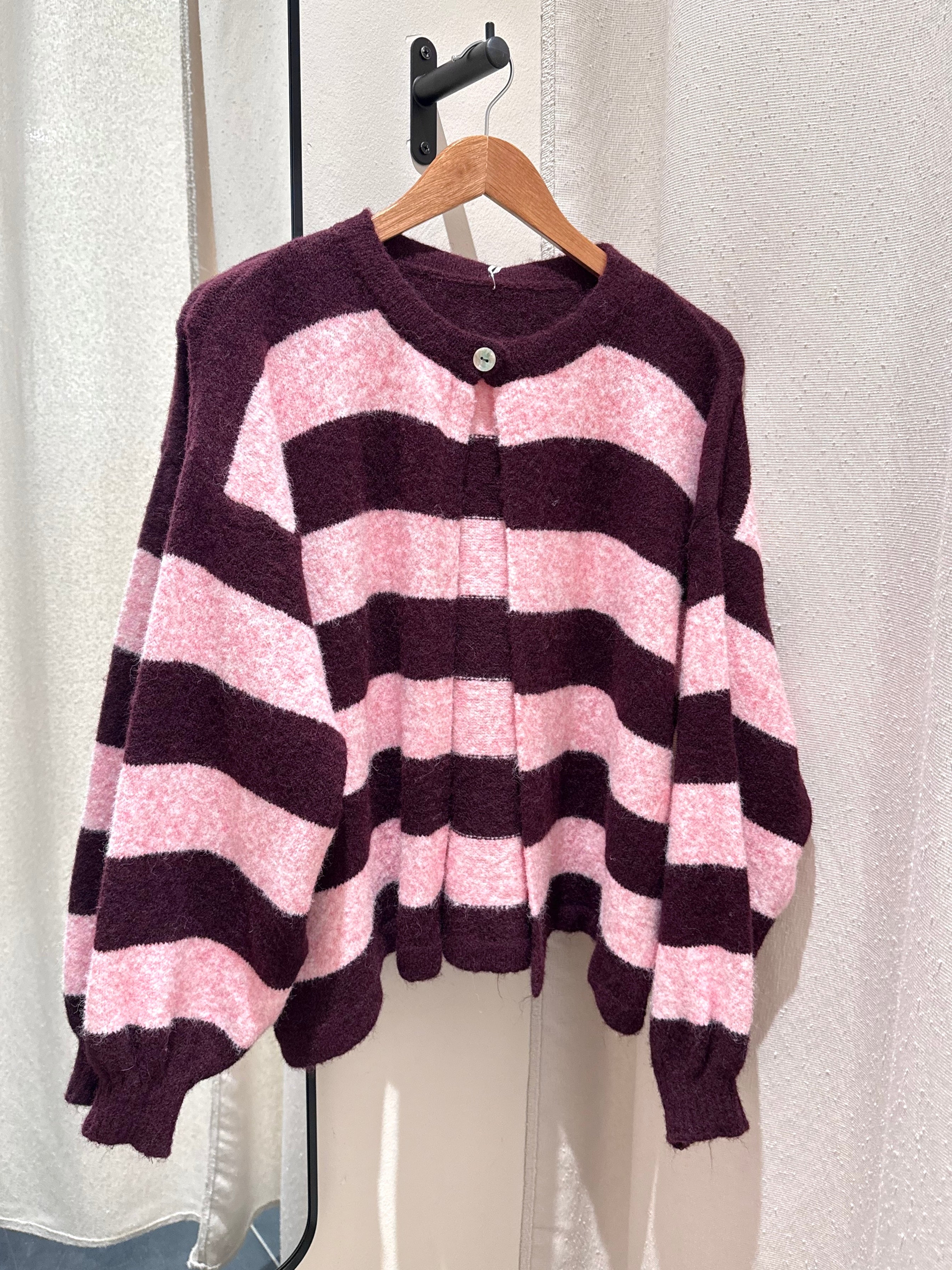 Single Button Striped Cardigan – Bordeaux/Pink