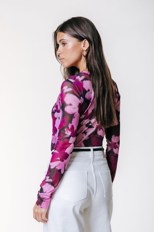 Colourful Rebel Ninsy Mesh Big Flower Top - Purple/Pink
