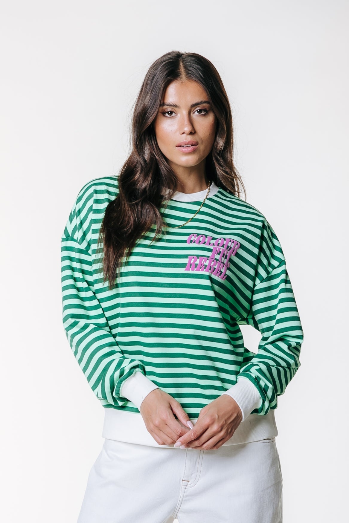 Colourful Rebel Contrast Cuff Sweater - Green - Kubanna