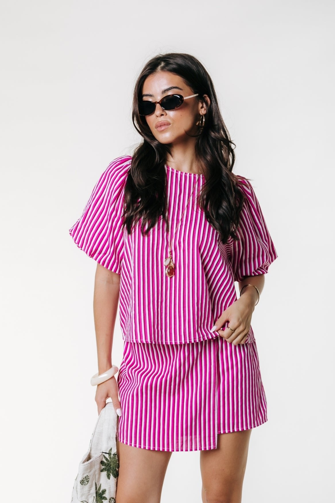 Colourful Rebel Jane Stripe Balloon Sleeve Top - Pink - Kubanna
