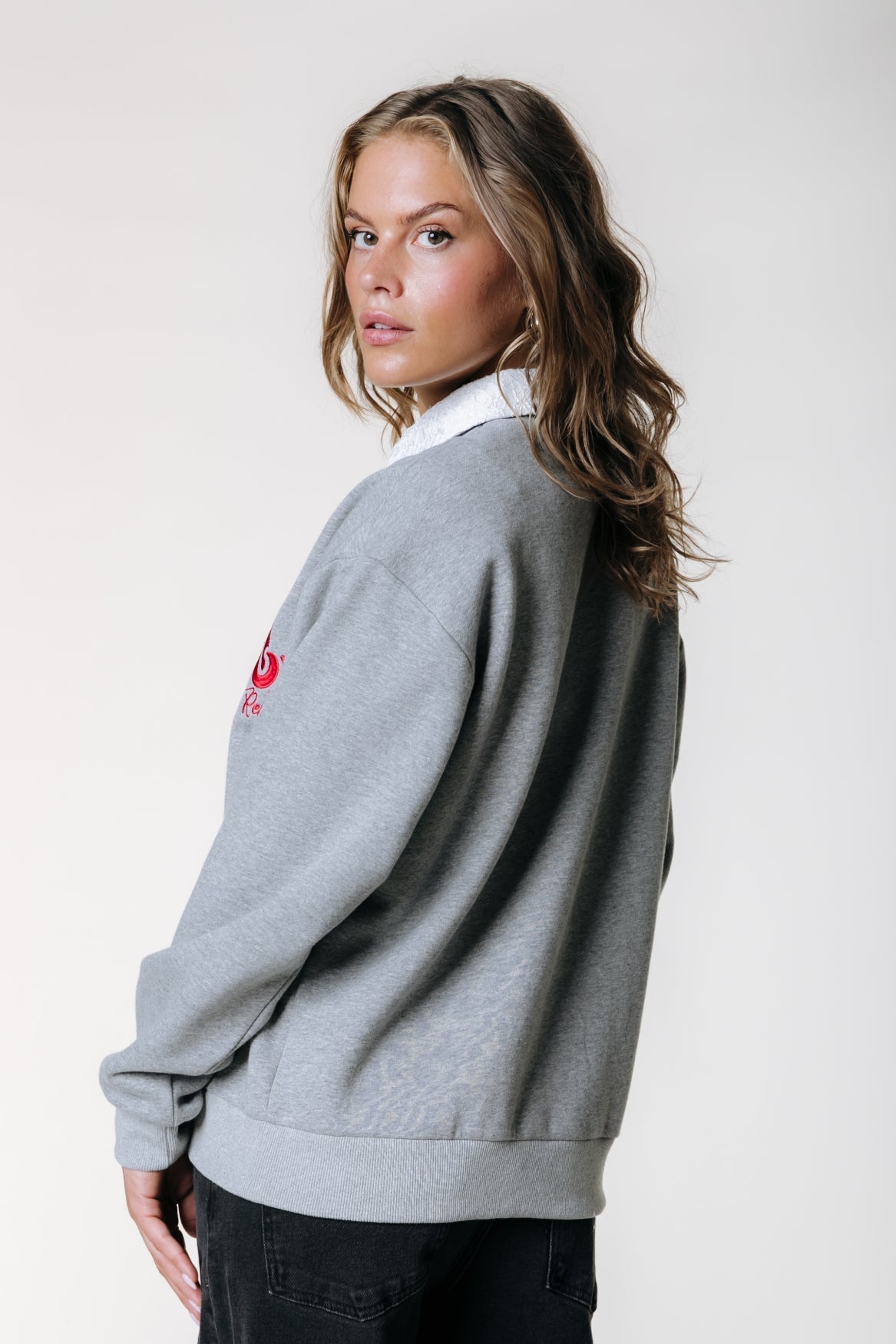 Colourful Rebel Lace Collar Sweater - Grey Melange - Kubanna