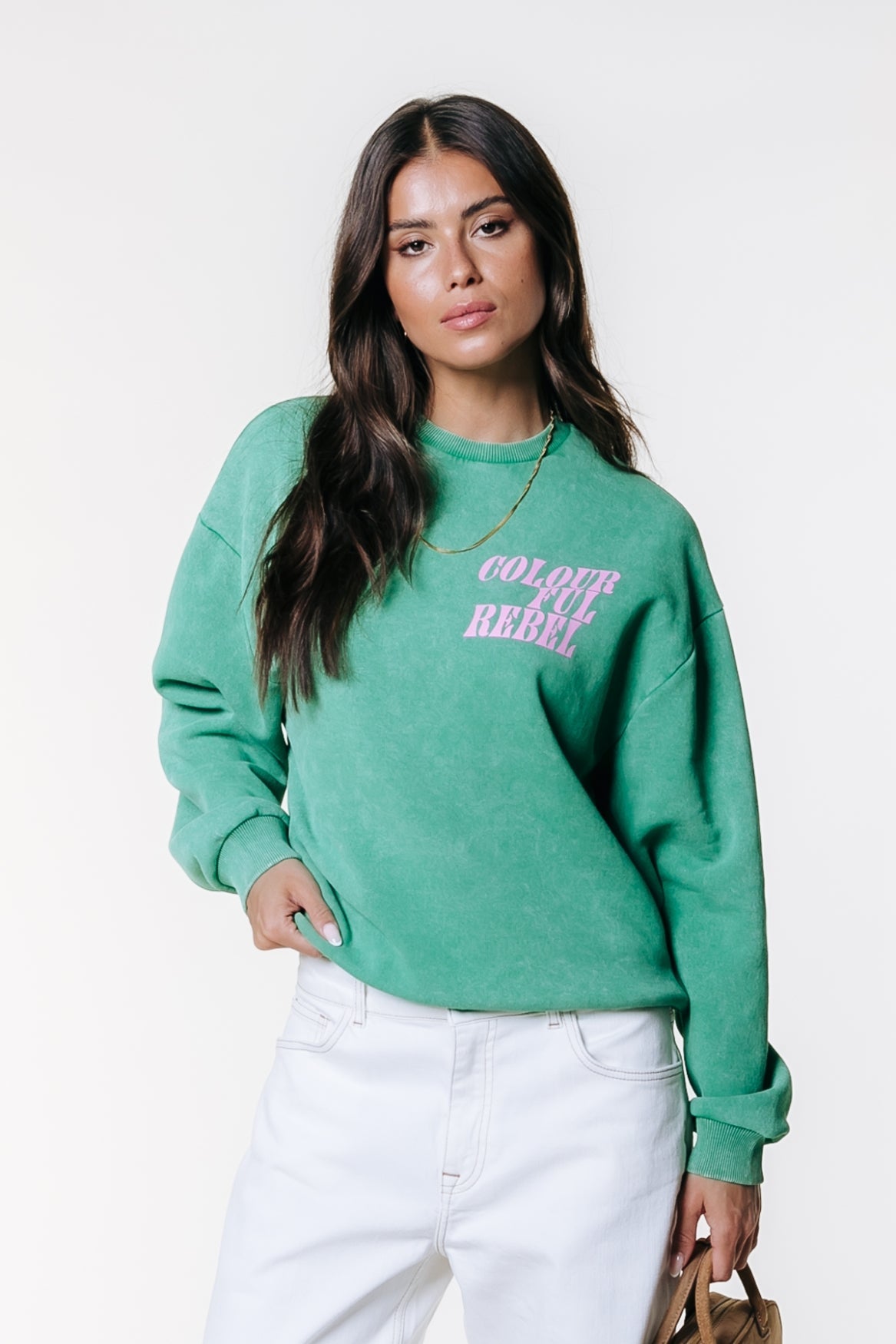 Colourful Rebel Logo Acid Washed Sweater - Off Green - Kubanna