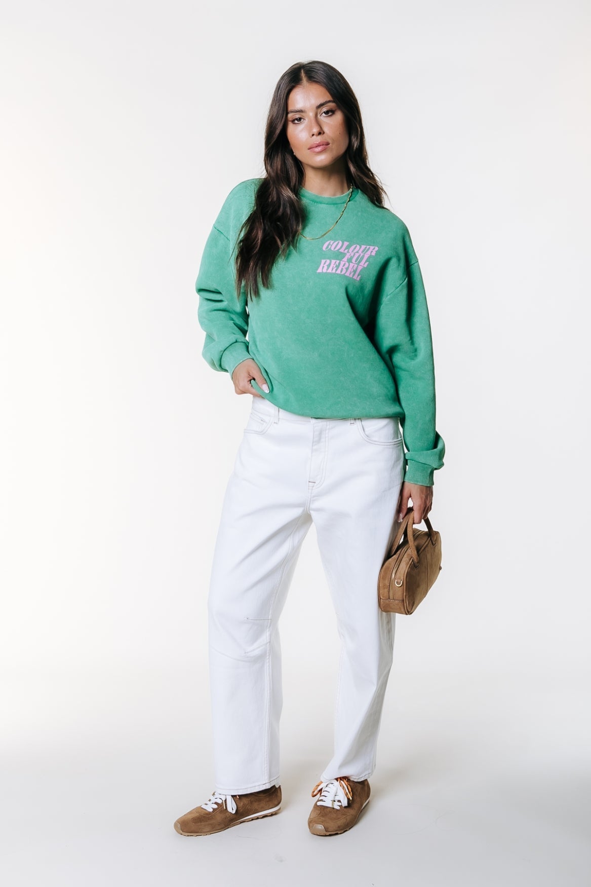 Colourful Rebel Logo Acid Washed Sweater - Off Green - Kubanna