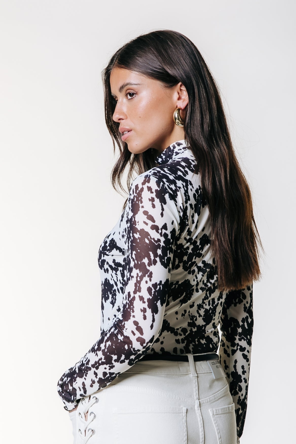 Colourful Rebel Neyo Cow Mesh Turtleneck Top - Beige - Kubanna