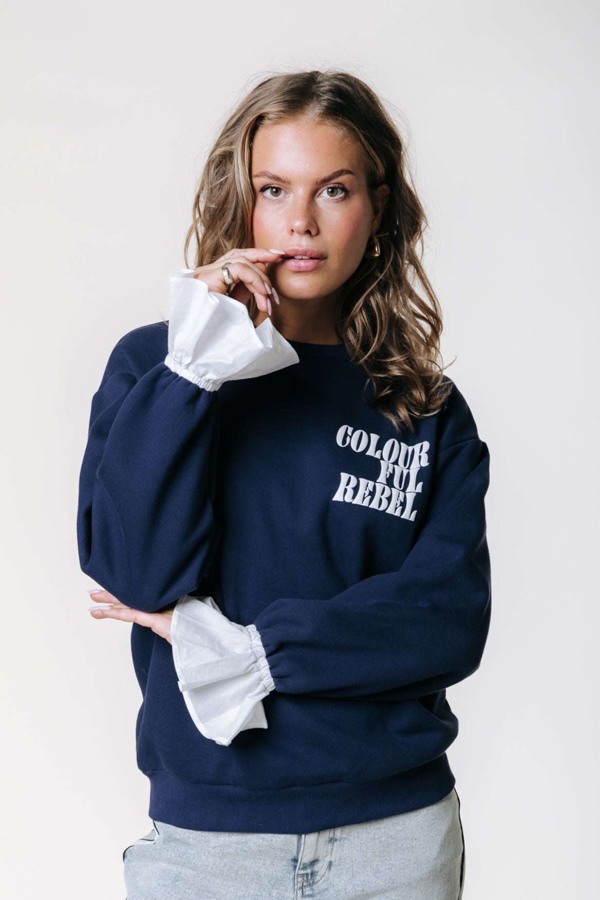 Colourful Rebel Poplin Cuff Sweater - Navy - Kubanna