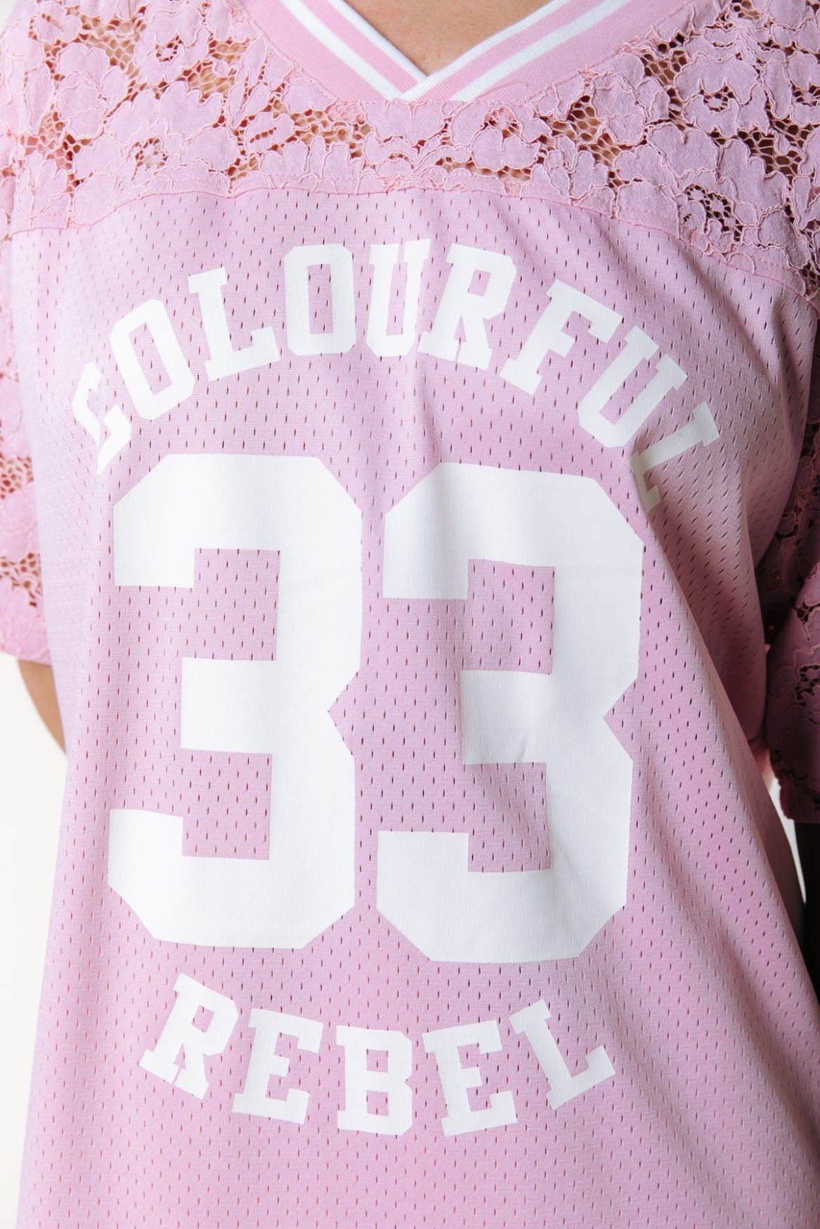Colourful Rebel Tayla 33 Lace Mesh Football T-shirt - Light Pink - Kubanna