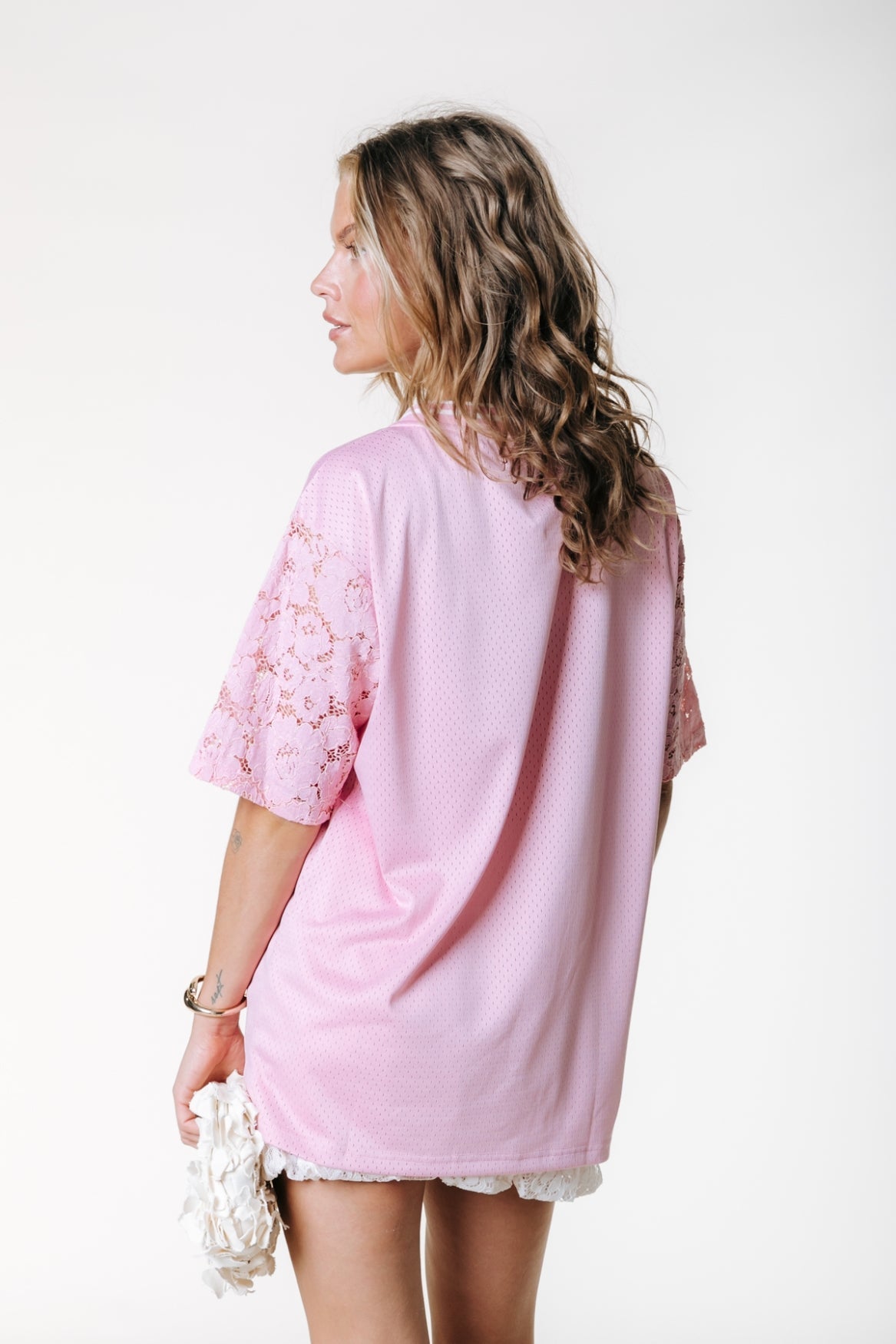 Colourful Rebel Tayla 33 Lace Mesh Football T-shirt - Light Pink - Kubanna