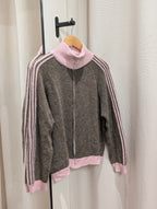 Contrast Stripe Zip Cardigan - Taupe/Pink - Kubanna