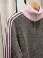 Contrast Stripe Zip Cardigan - Taupe/Pink - Kubanna