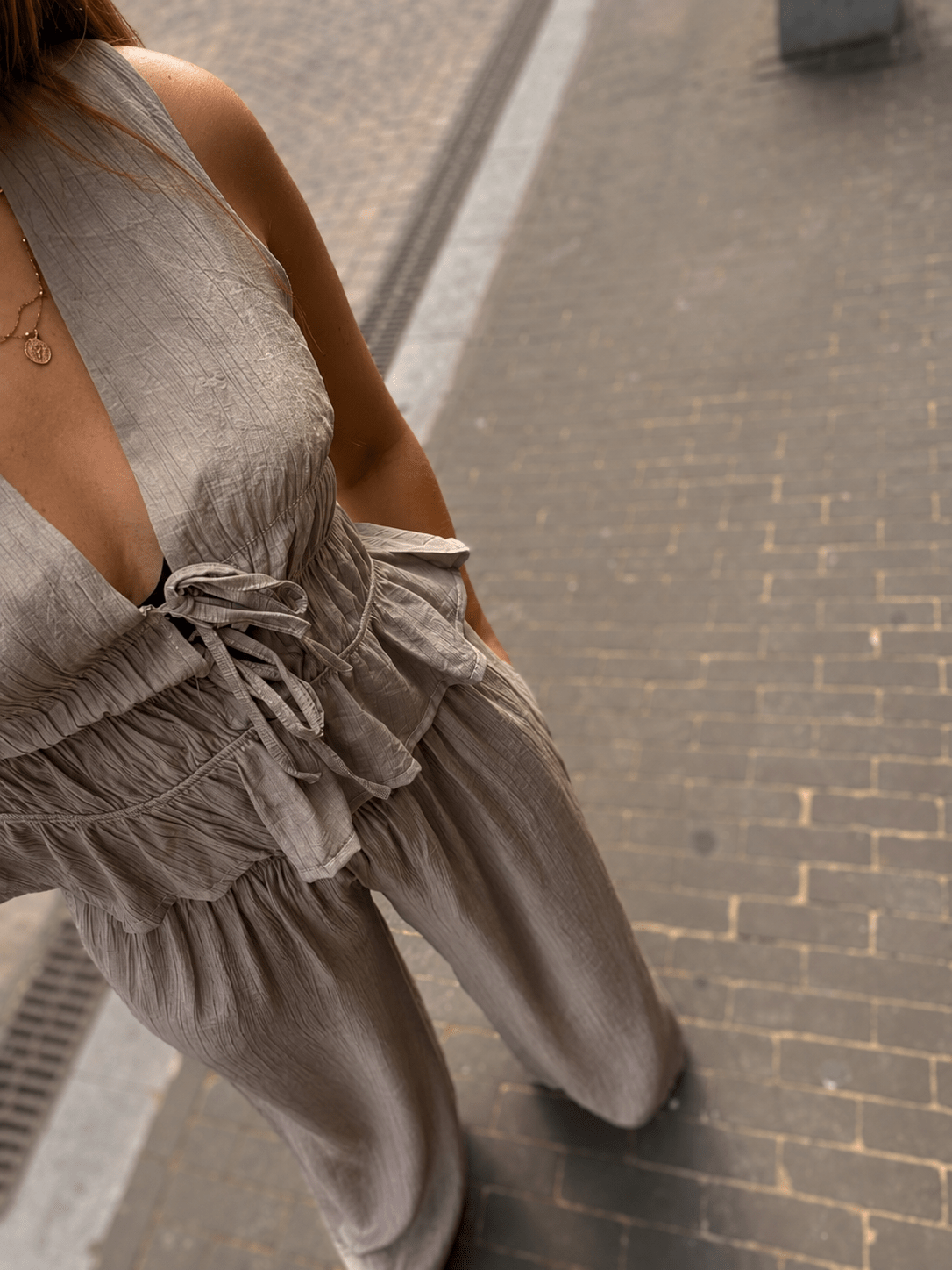 Crinkle Gilet & Wide Leg Set - Taupe - Kubanna