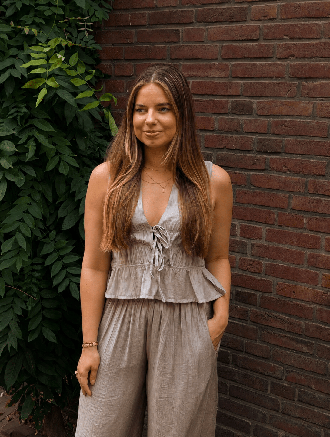 Crinkle Gilet & Wide Leg Set - Taupe - Kubanna
