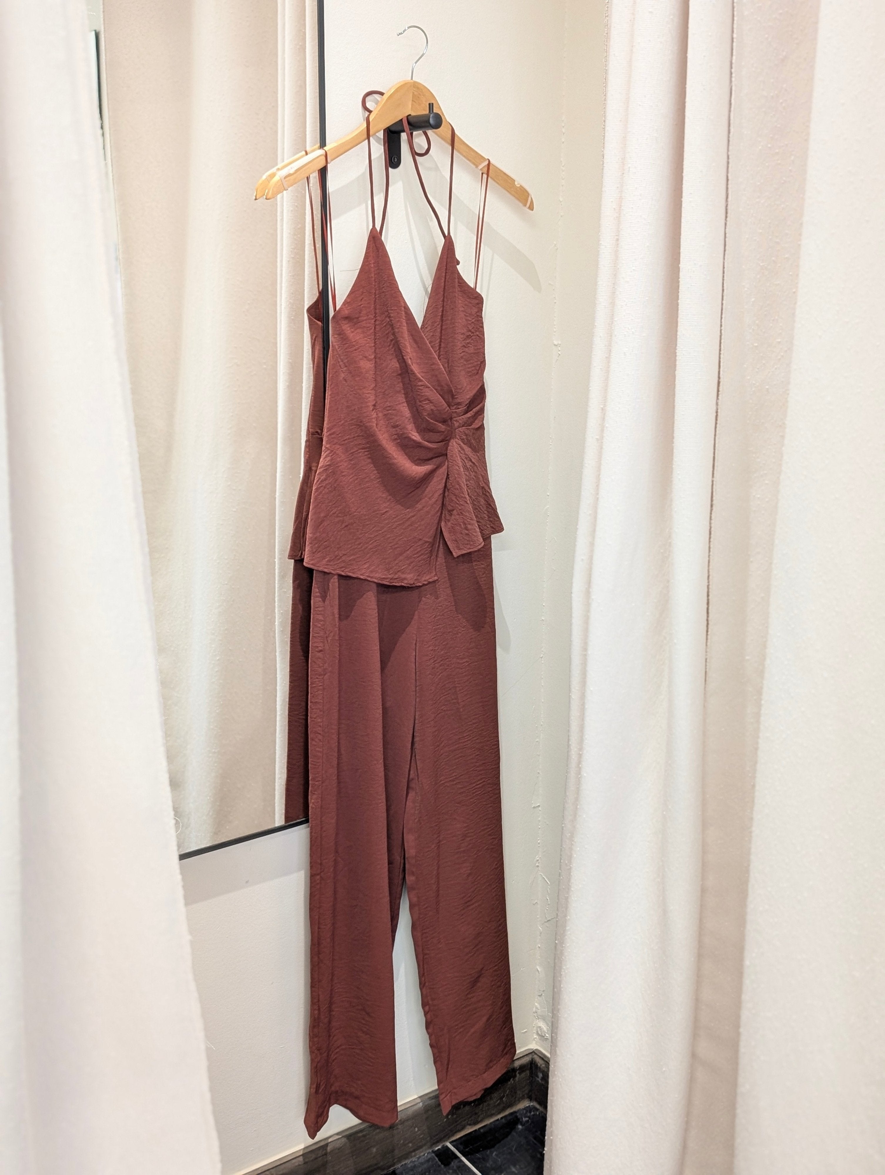 Draped Halter Wide Leg Jumpsuit - Burgundy - Kubanna
