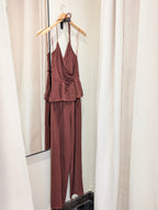 Draped Halter Wide Leg Jumpsuit - Burgundy - Kubanna