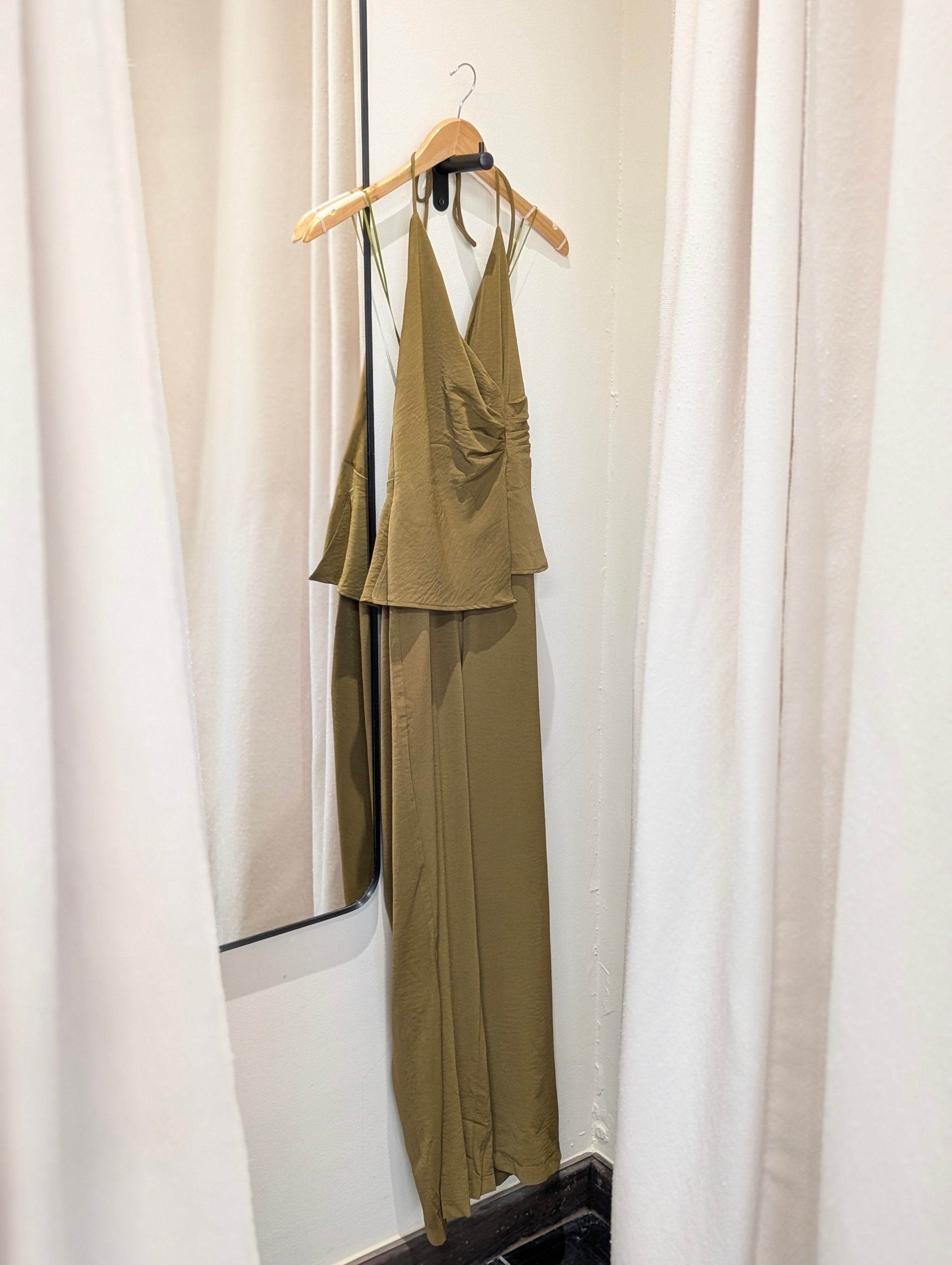 Draped Halter Wide Leg Jumpsuit - Olive - Kubanna