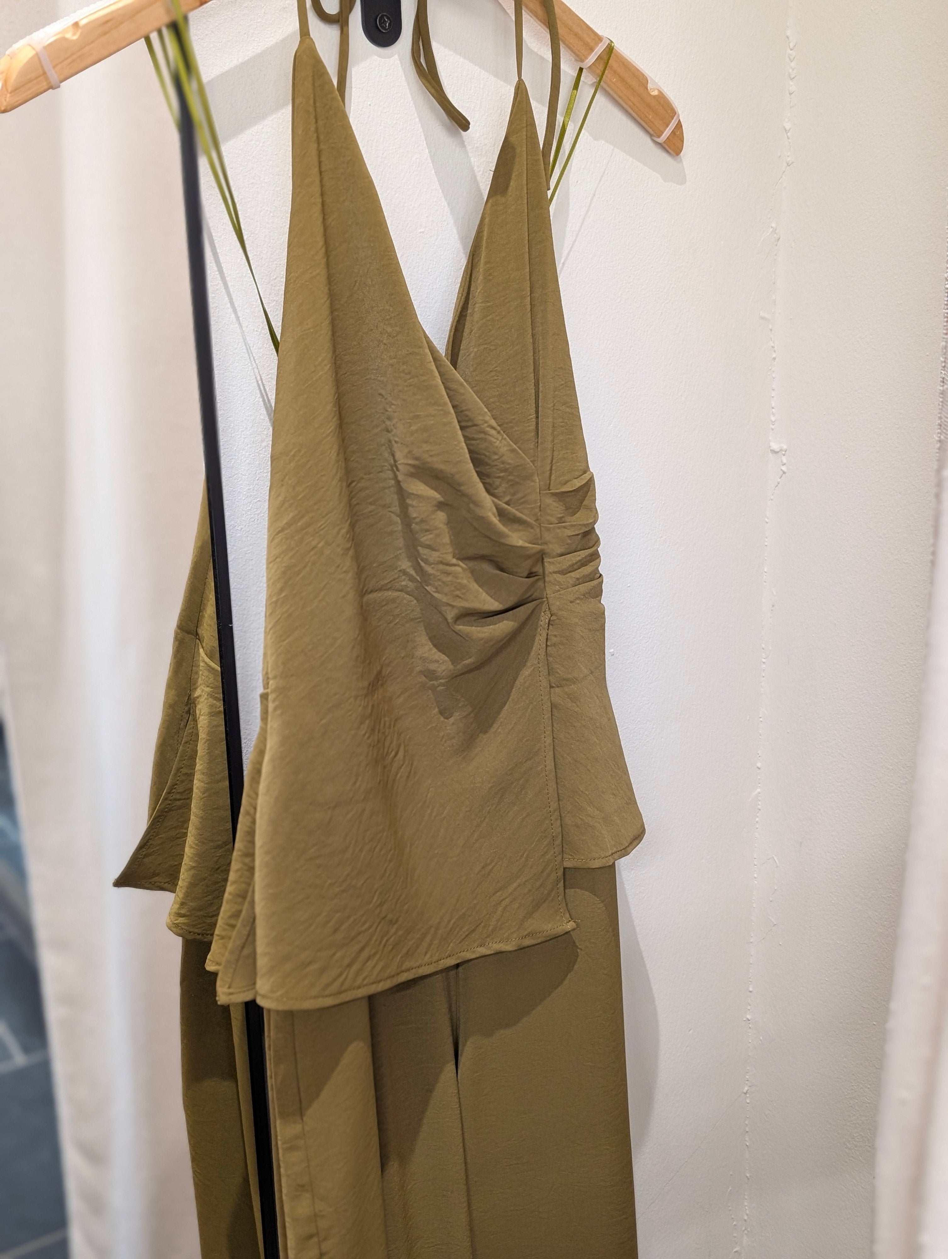 Draped Halter Wide Leg Jumpsuit - Olive - Kubanna
