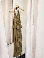 Draped Halter Wide Leg Jumpsuit - Olive - Kubanna