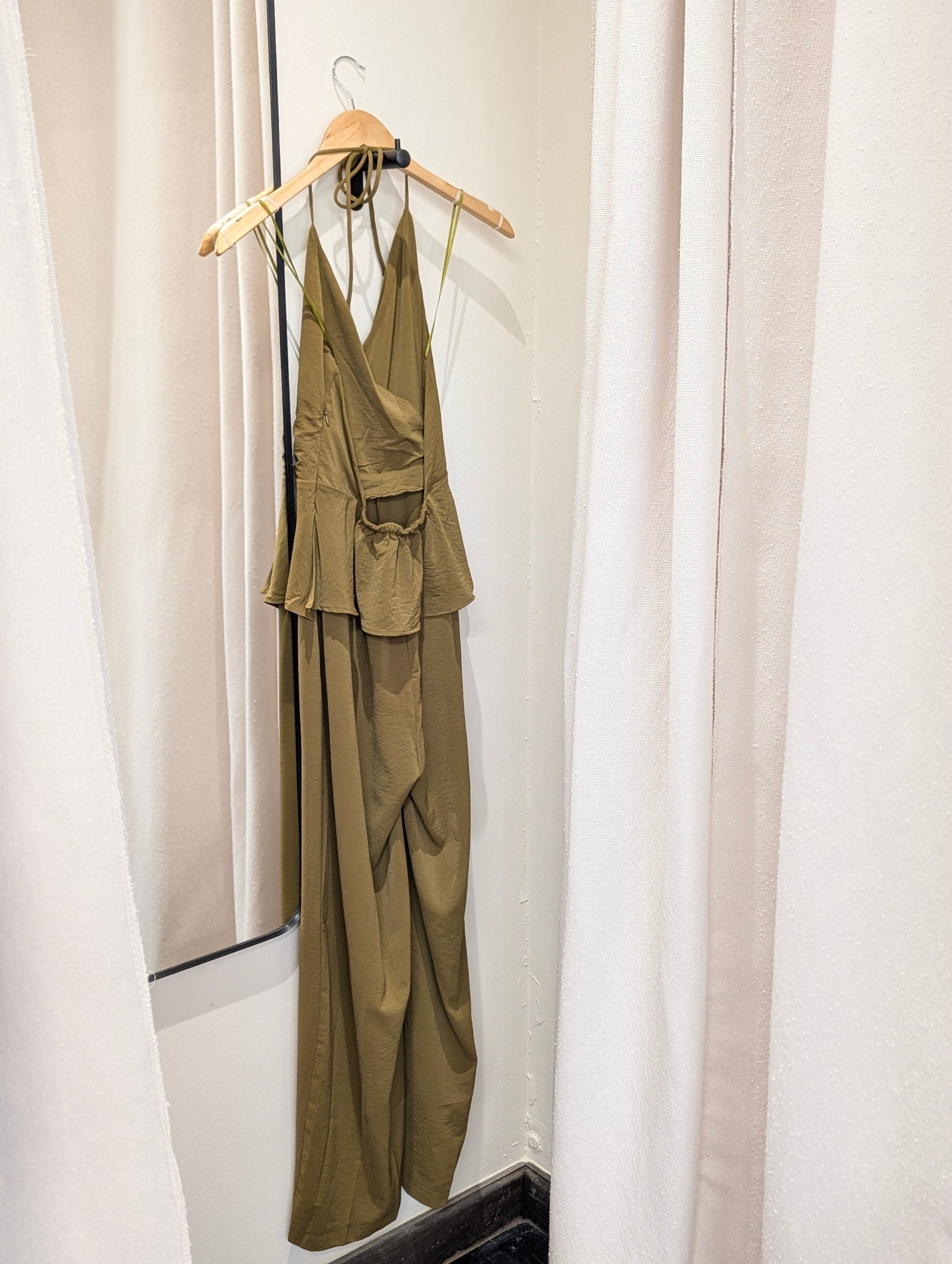 Draped Halter Wide Leg Jumpsuit - Olive - Kubanna