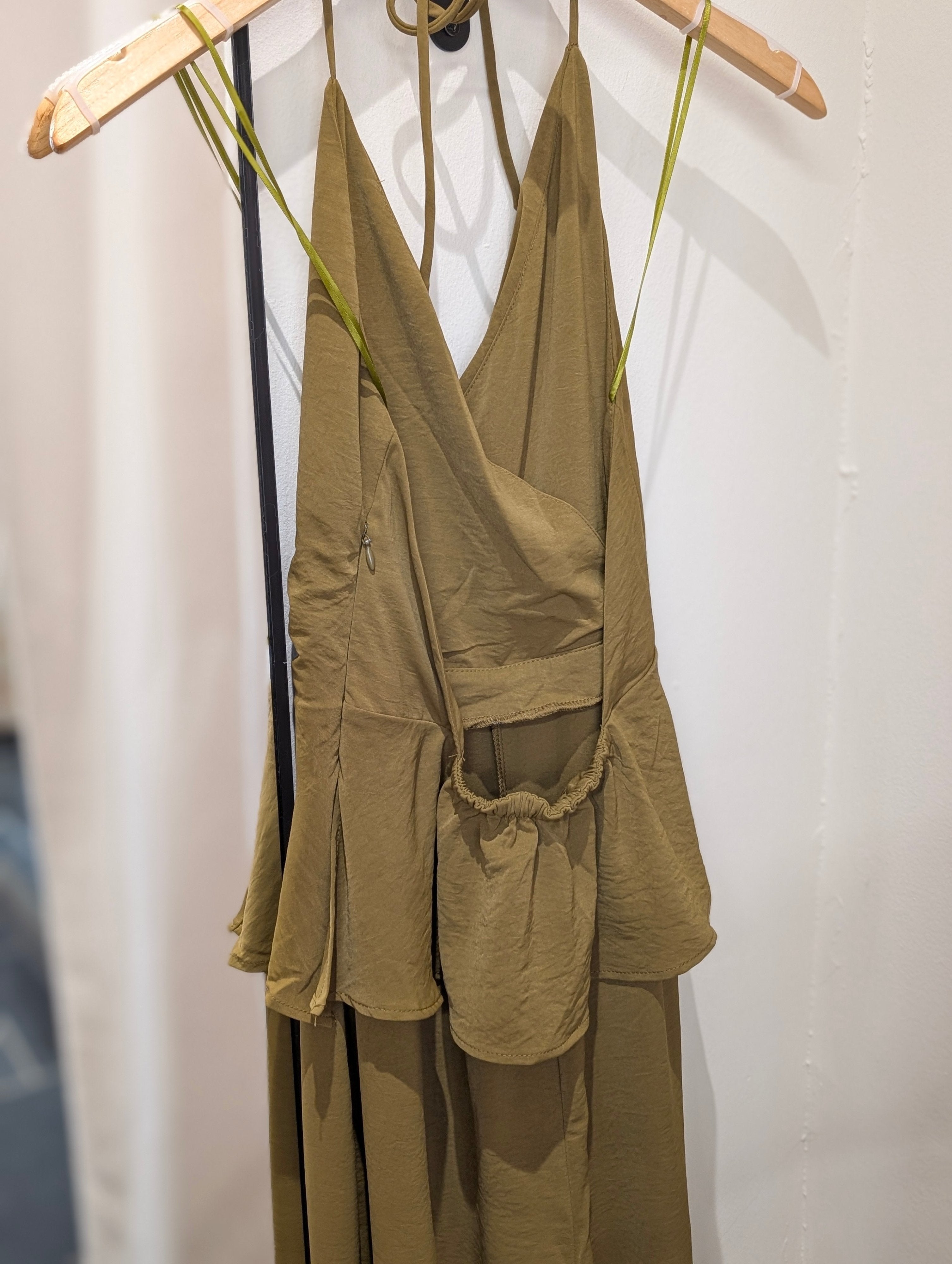 Draped Halter Wide Leg Jumpsuit - Olive - Kubanna