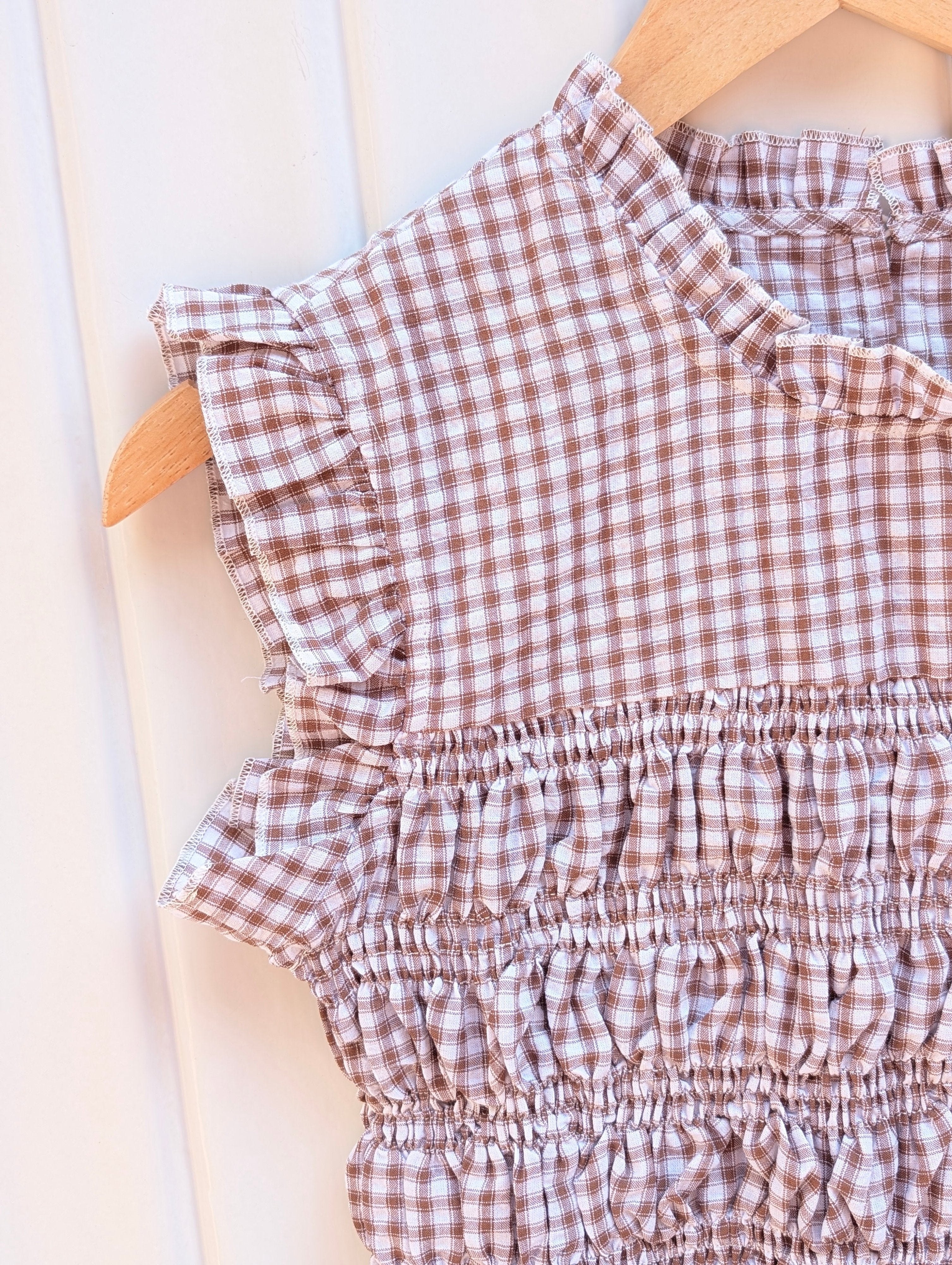 Gingham Smock Top Checkered- White/Camel - Kubanna