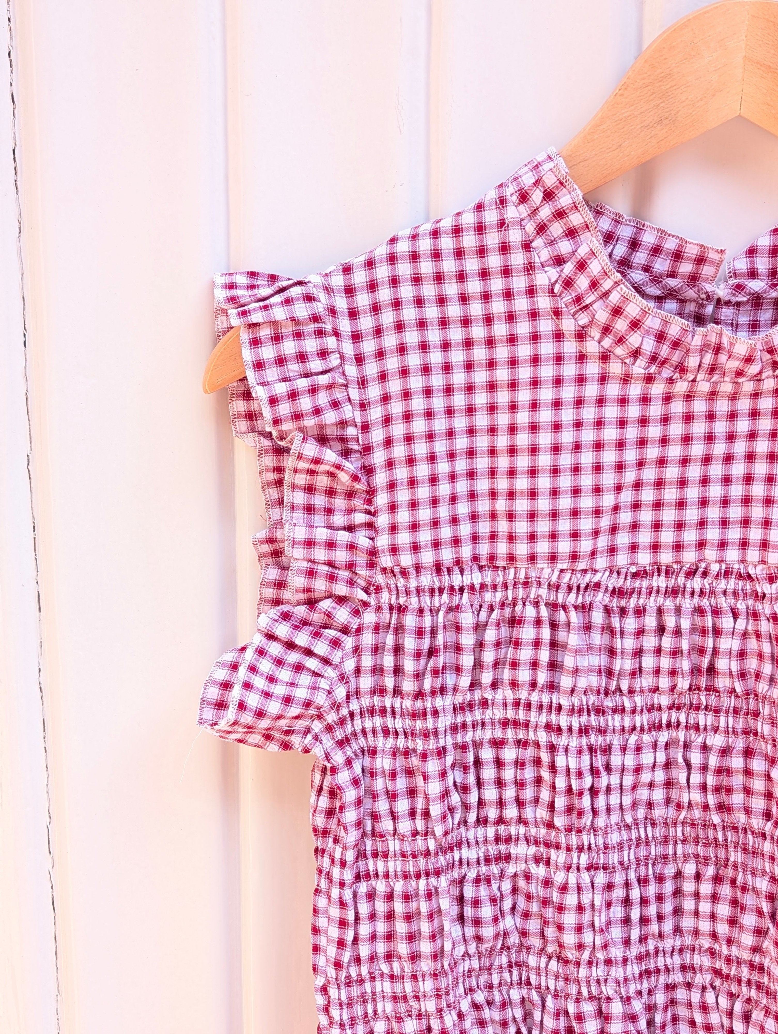 Gingham Smock Top Checkered- White/Ruby - Kubanna
