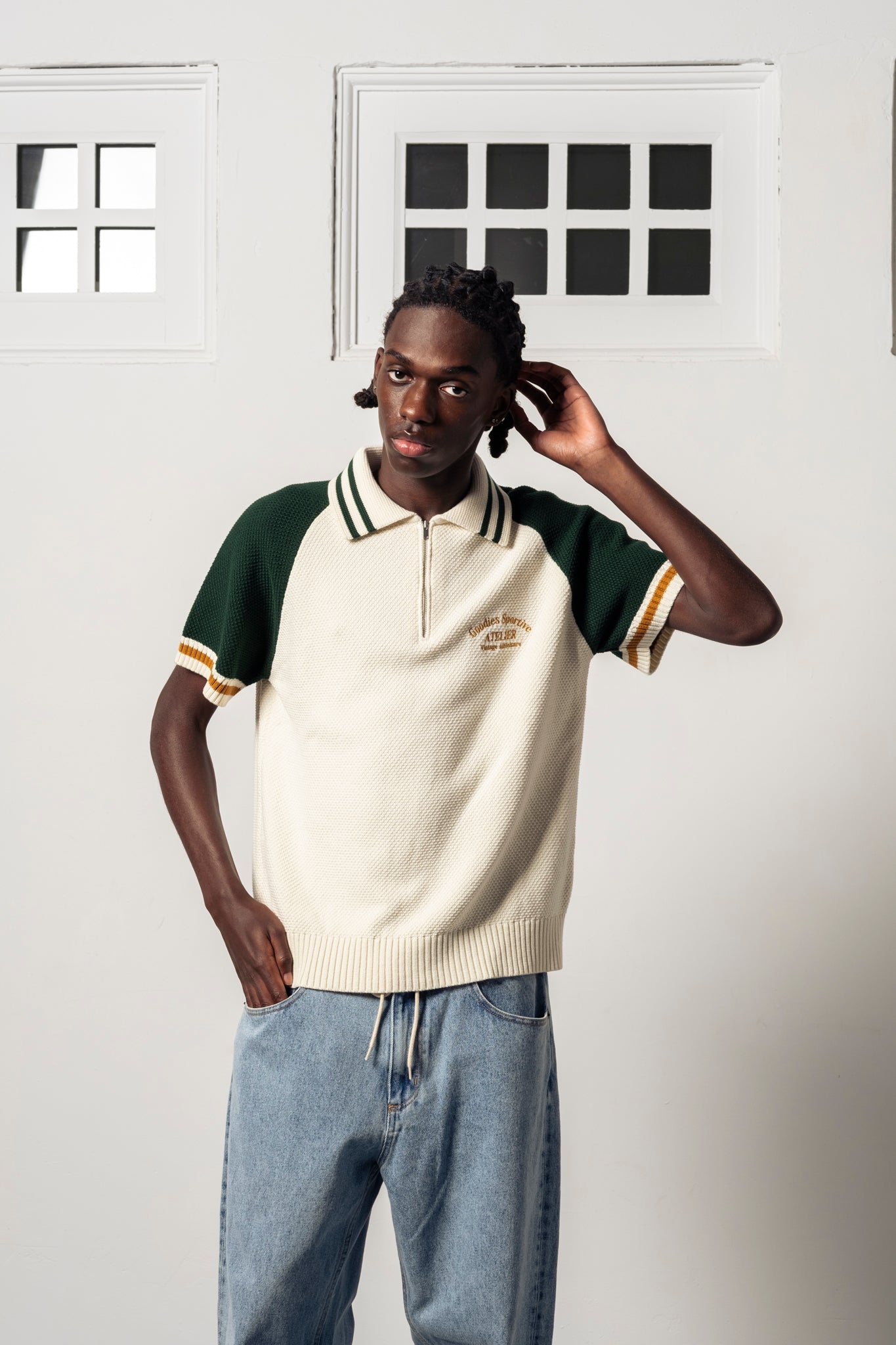 Goodies Sportive Biker Premium Knit Polo - Ecru/Green - Kubanna