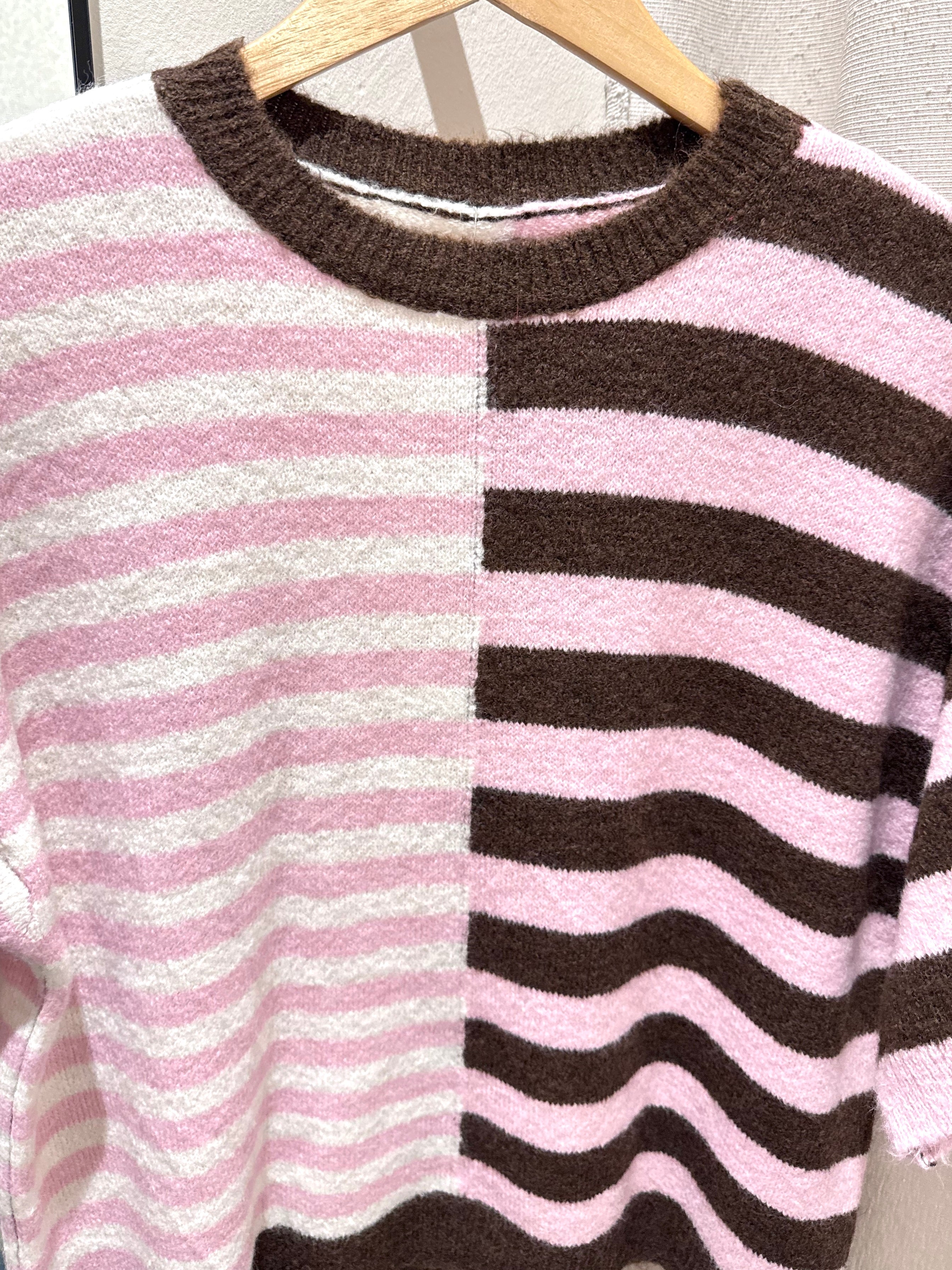 Lucy Knitted Striped T-shirt - Pink/Brown - Kubanna