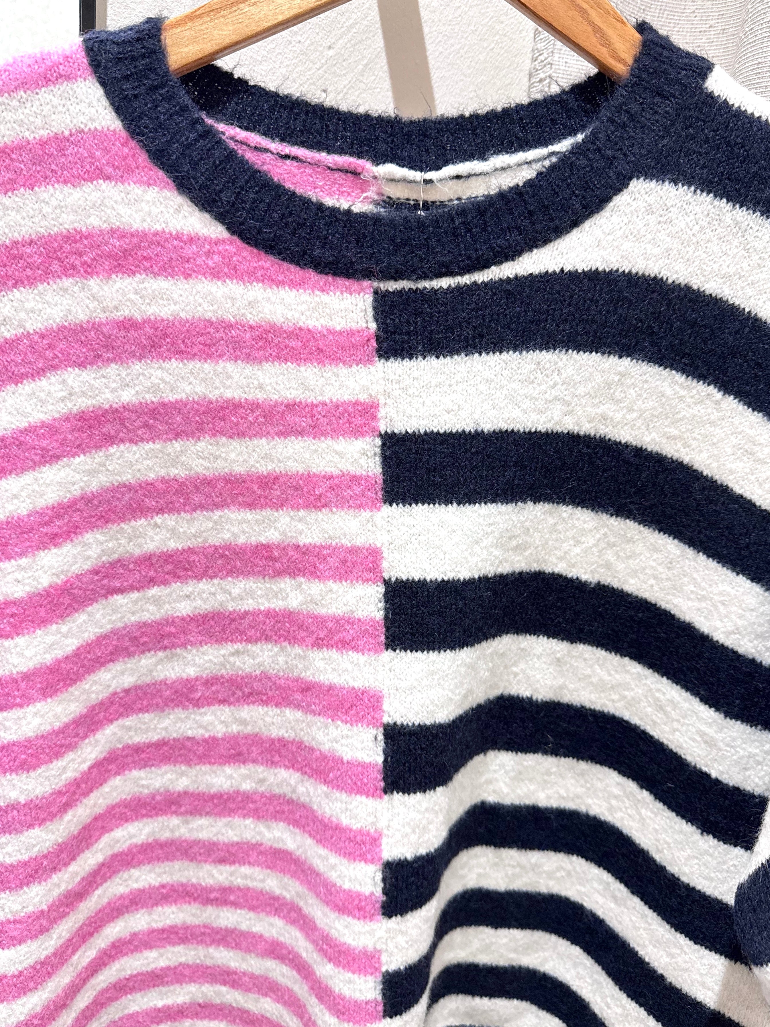 Lucy Knitted Striped T-shirt - Pink/Navy - Kubanna