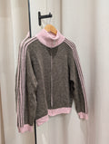 Contrast Stripe Zip Cardigan - Taupe/Pink
