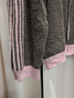 Contrast Stripe Zip Cardigan - Taupe/Pink