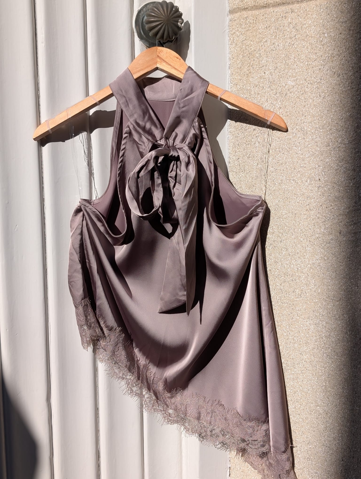 Satin Lace Halter Top – Taupe