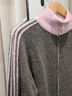 Contrast Stripe Zip Cardigan - Taupe/Pink